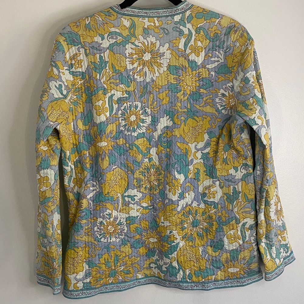 Floral Quilted Jacket Reversible Yellow Blue Cotton Made in India Medium - Picture 4 of 9